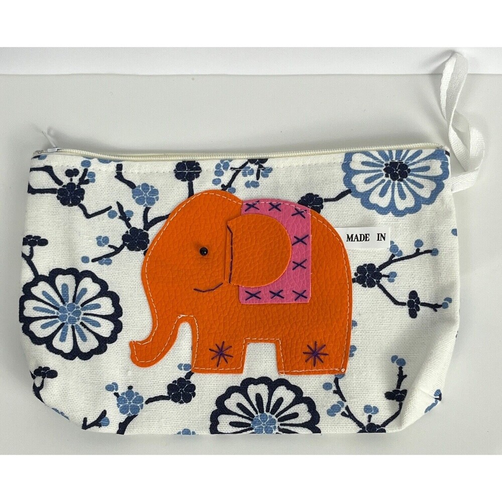 Elephant Makeup Case Cosmetic Bag Travel Pouch White Blue Floral Boho Colorful